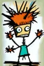 Placeholder: 2d drawing of a stickman, cool with punk hair, x eyes like in hangman, both arms in air, showing piece sign,3d realistic in colour