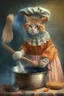 Placeholder: mother cat dressed in an aprin cooking