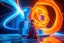 Placeholder: A surreal cosmic architectural composition featuring an elegant woman in a flowing multicolored gown standing at the center of an abstract floating structure in deep space. The structure is composed of geometric blue cubes and blocks arranged in an artistic formation, adorned with massive glowing spiral rose shapes in vibrant orange-gold and electric blue colors. Dynamic light trails and energy ribbons swirl around the composition in neon blue and warm orange tones. The background features a sta