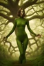 Placeholder: full body shot of a young, slim woman covered in a one-piece bodysuit made from tiny green filigree leaves, emerging from a tree, detailed matte painting, deep colour, fantastical, intricate detail