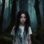 Placeholder: 12 year old girl with dark tangled hair and blue eyes wearing a ripped and dirty white teeshirt, in a forest , photorealistic, dark fantasy