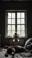 Placeholder: A baby sitting on baby’s eating chair in front of a big window in an abandoned damaged room , a cat out side the widow looking at him , his mother is lying on the front dead