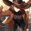 Placeholder: Clear focus, High resolution, short brown spiky hair, hair between eyes, eyes closed, wearing a brown detective hat, wearing a brown jacket and a black shirt, wearing black shorts, 1girl, pulling hat down, smiling