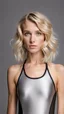 Placeholder: anorexic beautiful girl, age 21, total shot, short silver triathlon swimsuit, blonde wavy bob haircut, grey background