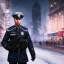 Placeholder: large muscular police officer, downtown snowy new york at night, dramatic, dramatic lighting, volumetric lighting, hyperrealism, 8k, high quality, photorealistic, lot of details