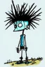 Placeholder: 2d drawing of a stickman, cool with punk hair, x eyes like in hangman, standing, back view, slightly bended over and looking back into the camera, smiling,close-up ,3d realistic in colour