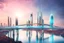 Placeholder: Dreamlike Skyline of Downtown futuristic hightech city in 4050 and a stunning futuristic Bridge During with dark grey clouds in sky, over the azur-silver color river, cold colors, come storm, high detalied, sci-fi, landscape