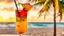 Placeholder: A vibrant tropical cocktail served in a tall glass with layers of colorful fruit juices, garnished with a pineapple slice, cherry, and a tiny umbrella, set against a backdrop of a beach at sunset, with palm trees swaying in the background.