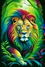 Placeholder: Colorful front cover book image of a full figured lion inside deep forest