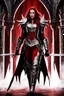 Placeholder: Close up Gorgeous photograph Silver and red fantasy Beautiful Kate Beckinsale as an Queen Vampire armour, with a red cape, with black and red spikes coming out the back and arms, glowing red eyes, long red hair pony tail coming out,at castle