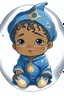Placeholder: an anime style drawing of a black and asian baby boy. hes wearing blue medieval royal baby onesie. he is sun and moon themed. he is adorable and he has freckles.