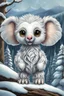 Placeholder: A cute looking, soft fluffy white furred, medium height mutant cat-elephant-bear mammal with a snout-like long snout, big eyes, big tassel ears, a chibi fantasy creature. Tundra forest , snow in the background. sharp focus, intricate details, masterpiece