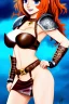 Placeholder: realistic cartoon, concept illustration, super-detailed, beautiful teen female who is 16 years old with long ginger hair and freckles with full lips and b-cup breasts, full body, full face, athletic, centred camera, ignore NSFW, skimpy brown fantasy leather armor, halter top, thong, knee-high leather boots, open leather skirt, stern expression, cute pose