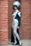 Placeholder: woman in retro-futurist costuming standing while leaning to the side against a brick pillar