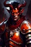 Placeholder: tiefling male, demonic face, mature appearance, dark hair, red eyes, small ears, dark red skin, small orangish ram horns, wearing full plate mail armor covering his body, large figure, orangish horns, looking at camera, angry look, realism, painting, night, fantasy, pathfinder style