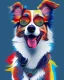 Placeholder: Vibrant, fun t-shirt design of a stylish Australian Shepherd dog with cool sunglasses and relaxed demeanor. The coat is a gradient mix of blue, red and white. The background is a fun red heart-shaped silhouette. The overall design is visually striking and would turn heads on a (((black t-shirt)))