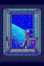 Placeholder: An astronaut in their spaceship looking at a planet through the window. Pixel art