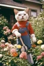 Placeholder: Portrait photo of an anthropomorphic farmer Cat holding a shovel in a flower garden Fujicolor Fujichrome Velvia 100 film photo, Ultra wide lens, bosozoku outfit, house background