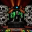 Placeholder: DJ of the damnded, insanely detailed DJ booth in hell, MID set, speakers and equipment made of bone, anatomically correct, add more skulls in th audience, photorealism, vray, 8k 3d