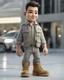 Placeholder: 4D cartoon with big head, ultra-realistic details of Patin dressed in a plain gray long-sleeved shirt, cargo pants, cream-colored boots, hands in pockets, white background