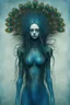 Placeholder: A beautiful girl with a colorful peacock long hair , full body, front view . decayed and rotting with grotesque proportions and imagery. grotesqueries, detailed texture, surreal horror, biomechanical design, by hr giger and beksinski , on blue color