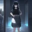 Placeholder: Clear focus,High resolution, black short fluffy hair, long fluffy bangs, and dark blue eyes, Depressed girl, wearing a black short shirt with a black sleeveless crop top, dark aura, controlling water, in a dark blank room