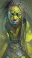 Placeholder: A woman has tanned skin, yellow eyes and black dreads. Her face show her superiority in the eyes of others. She is dressed in an armor with a few pieces of yellow and green cloak sticking out.