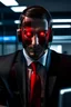 Placeholder: business suit, earpiece, in office, cyber eyes, red eyes