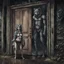 Placeholder: fantasy digital art of young female anthro wolf in gray hairy wolf body and wears just a short canvas rag around her waist , sadly crying face stands in the rain front the door, behind her an tall anthro dark hairy wolf man standing behind in rustic halb open door in an massive wooden house, deep colors, rainy day, detailed, anthropomorphic creatures, fantasy, sci-fi mood