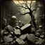 Placeholder: photo, 1920 horror movieshot, rocks, very odd objects in background, Ades, Charon, tenebroso, macabro, marcio, interno museo, hypermaximalist, odd, intricate, Lawrence Alma-Tadema style, albero, hypnotic, eerily mysterious, artistic photo, shot on, follia, smoke, daguerrotype