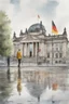 Placeholder: Typical Germany, Reichstag architecture, one small German flag hanging on the facade of the building. There is a street sign at the intersection. People on the street are reflected in a puddle on the asphalt. Watercolor style. 8k quality