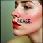 Placeholder: photograph, 'PLEASE' written on a cheek, in the style of photographer Charlotte Abramow