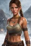 Placeholder: Photorealistic close-up full body digital image of young Lara Croft, tanned skin, ear and stomach piercing and necklace and bracelets, holding a banner, 8K UHD, snow storm in the background, looking at camera, freckles, rim lighting, studio lighting, high detailed skin, skin pores, ultra quality