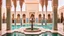 Placeholder: a pool surrounded by arches and palm trees, arabic architecture, moorish architecture, moroccan mosque, islamic architecture, a pool inside the giant palace, ornate palace made of green, morocco, fountains and arches, stunning grand architecture, mediterranean architecture, moroccan city, marrakech, ornate retreat, futuristic palace, architectural digest photo, gorgeous buildings, stunning architecture, ornate architecture