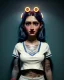 Placeholder: Waist up portrait, hybrid character, waitress British woman with classic muppet mask that covers her entire head and face, Sesame Street style, latex dress, short shirt, old school tattoo, hot, smooth, unreal engine 5, god lights, ray tracing, neon, RTX, lumen lighting, ultra detail, volumetric lighting, 3d.