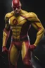 Placeholder: the Reverse Flash with yellow Flash suit, red boots, red belt, red wrist gauntlets, reversed red and black chest logo, extremely exaggerated muscular stature, posing for the cameras, Professional Quality 35mm Photograph, 4k UHD, hyper-realistic, Photorealistic, extremely detailed, High resolution