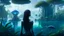 Placeholder: Detailed matte painting of a wide-angle shot of a woman, standing on the left side of the shot, with dark hair in a silver robotic catsuit, many large floating jellyfish with octopus tentacles, alien jungle trees in the distance, with an alien beach and lake