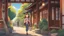 Placeholder: Cartoon style a warm and vibrant scene in a cartoon style. The protagonist is a beautiful brown-haired girl with her backpack, exploring a traditional Kyoto street. The bright sunlight reflects off the polished wooden surfaces, highlighting the vibrant colors of the surroundings. The girl has a joyful expression, sparkling eyes, and a contagious smile. Her posture is relaxed as she wanders with curiosity and excitement, perhaps discovering the charm of Kyoto.