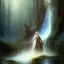 Placeholder: romantic fantasy spray painting, william Turner, watercolor, dark robed poet playing lute for an elf in magical winding forest, tall slender vampire in waterfall, movie poster