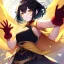 Placeholder: Clear focus,High resolution, Black short fluffy hair, and yellow eyes, wearing a black short skirt, sleeveless crop top, wearing long dark red gloves, yellow cloak, Holding hand out