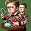 Placeholder: peter billingsley chubby kid with glasses, gripping a single ((Dark red))soap bar, ((brown))argyle sweater