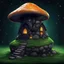 Placeholder: in deep dark starry outer space (black): a short lumpy mushroom house ( orange white ), sits on a freely floating green grass island ). the island is simple, triangular, with a dirt bottom. Detailed gloss Painting, rich color, fantastical, intricate detail, splash screen, hyperdetailed, insane depth, concept art, 8k resolution, trending on artstation