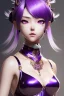 Placeholder: Detailed cute anime Kunoichi girl, purple hair buns, purple bangs, black latex bodysuit, intricate details, full body portrait, keep head in frame, slight smile, black Japanese motif, concept art, highly detailed, digital painting, concept art, sharp focus, illustration, art by Yoji Shinkawa, WLOP and greg rutkowski and alphonse mucha and artgerm and yanjun Chen and Junji ito and Makoto Shinkai, HDR, octane render