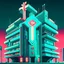 Placeholder: cyberpunk retro futuristic hospital building with cross sign for comics