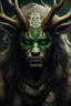 Placeholder: demon with deer antlers, tiger fangs, four green eyes on his face, snake skin, ethnic symbols and Scandinavian signs on his body, high definition image, realistic image