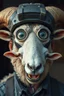 Placeholder: with heading (autofarm) in poster form,a portrait of a fat head mechanic sheepman, man is eating a hybrid mixed body part sheep, giant eyes sheep alien style H.R giger look. as one headed mouth open, rough teeth