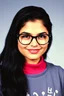 Placeholder: full color image, 1980's yearbook photo, girl, Selena Quintanilla, 24 years old, a sly, clever smile on her face, 1980's clothing and hair styles, 4k UHD, photorealistic, (big, full, plump, pouty lips:1.5) black hair, big cat-eye eyeglasses, full body, head to toe, full frontal