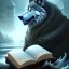 Placeholder: fantasy art, book cover, big mad wizard in front of the ebony stairs, a bridge or dam ,icy water, on the bridge is a big hairy mad wolf