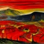 Placeholder: A red town near a fiery volcano painted by Edvard Munch