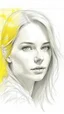 Placeholder: A beautiful face of white woman in yellow and white on a light gray canvas background, pencil sketch drawing style